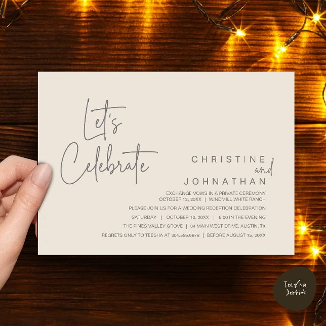 Invitación Celebremos, Fiesta de Cena de Boda Intima (Let's Celebrate, modern minimal Wedding Elopement Dinner Party Invitation card in cream grey)