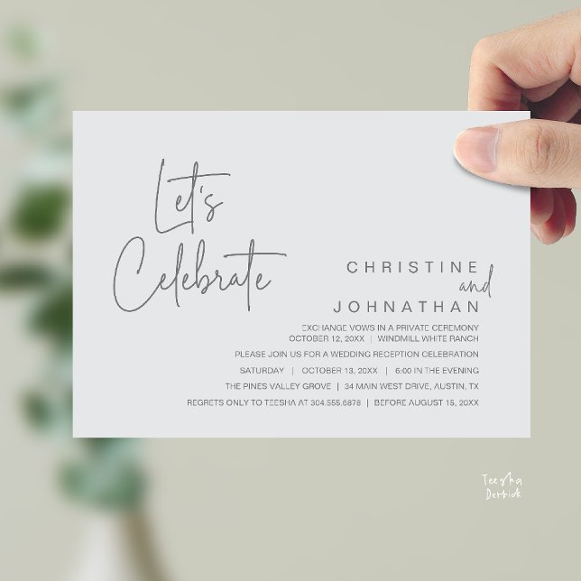 Invitación Celebremos, Fiesta de Cena de Boda Intima (Let's Celebrate, modern minimal Wedding Elopement Dinner Party Invitation card in chill grey)