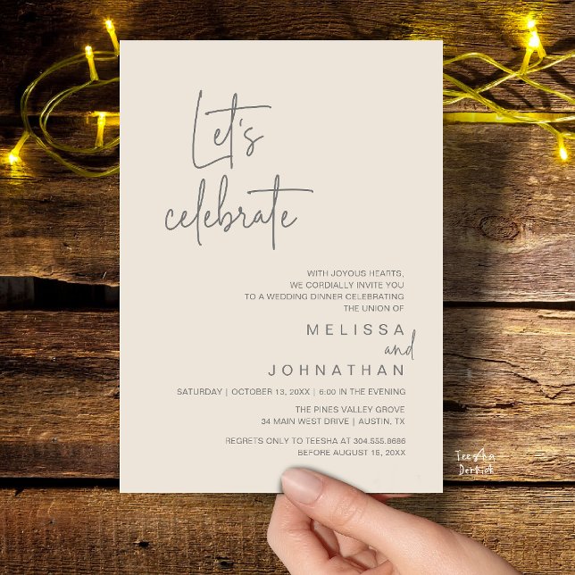 Invitación Celebremos, Fiesta de Comida para Elopamiento de B (Let's Celebrate, Modern Wedding Elopement Dinner Party Invitation Card in Cream Grey)