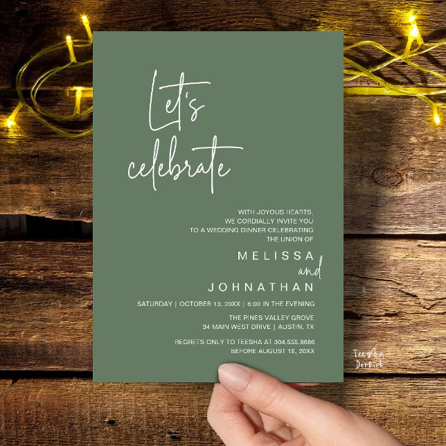 Invitación Celebremos, Fiesta de Comida para Fuga de Boda (Let's Celebrate, Modern Wedding Elopement Dinner Party Invitation Card in Sage Green)