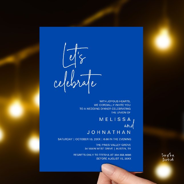 Invitación Celebremos, Fiesta de Comida para Fuga de Boda (Let's Celebrate, Modern Wedding Elopement Dinner Party Invitation Card in Cobalt Blue)