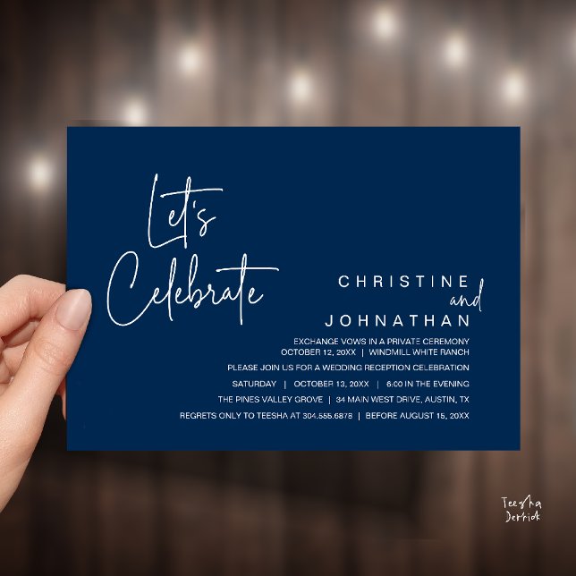Invitación Celebremos, Fiesta de Comida para Fuga de Boda (Let's Celebrate, modern minimal Wedding Elopement Dinner Party Invitation card in navy blue)