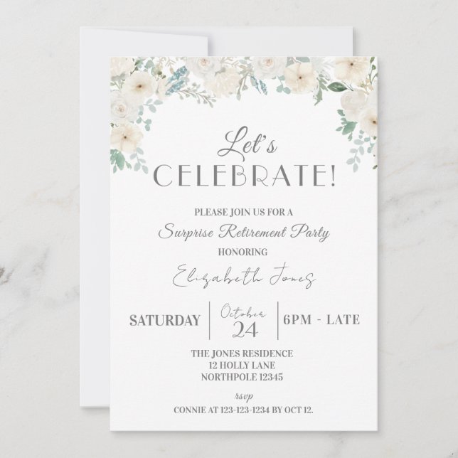 Invitación ¡Celebremos! Fiesta de retiro de sorpresas (Anverso)