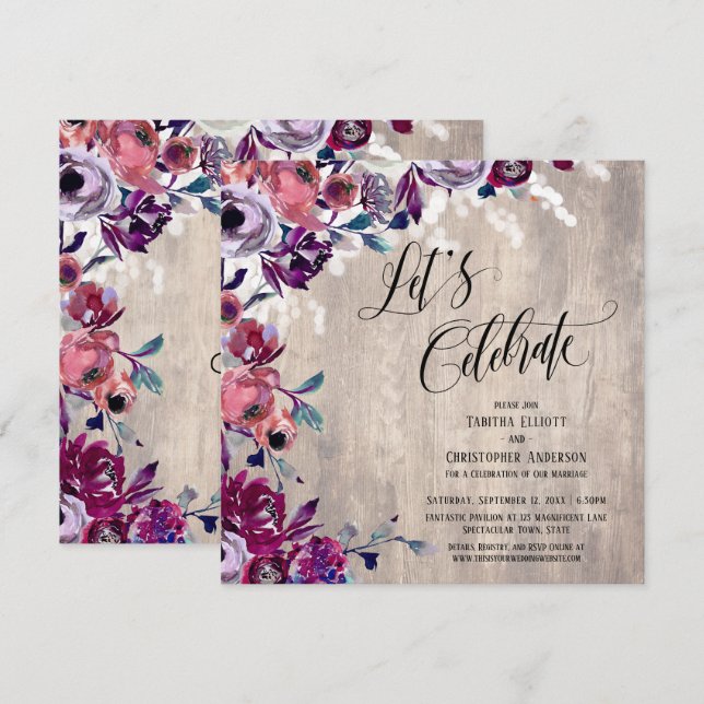 Invitación Celebremos Flores Audaces Madera Pálida y Luces (Anverso / Reverso)