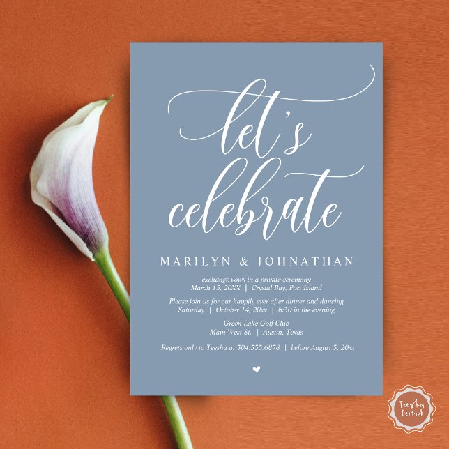 Invitación Celebremos la cena de Bodas Elopement Dancing (Let's Celebrate Wedding Elopement Dinner Party Lunch BrunchDancing Invitation Card PDF, Dusty Blue)