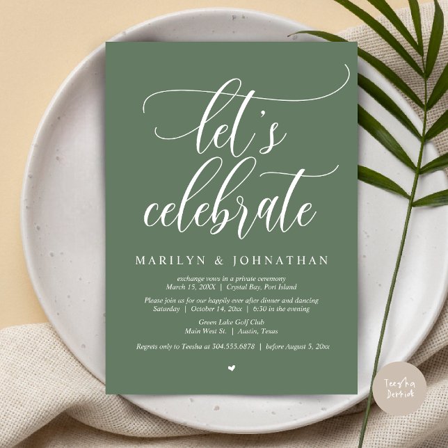 Invitación Celebremos la cena de Bodas Elopement Dancing (Let's Celebrate Wedding Elopement Dinner Party Lunch BrunchDancing Invitation Card PDF, Sage Green)