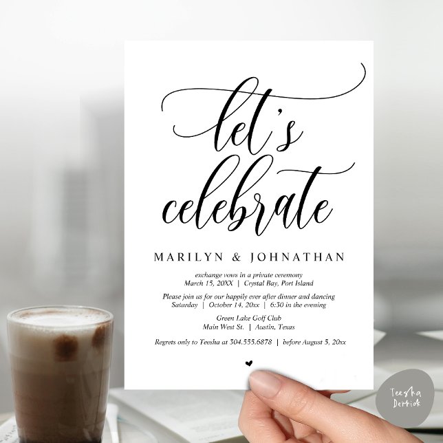 Invitación Celebremos la cena de Bodas Elopement Dancing (Let's Celebrate Wedding Elopement Dinner Party Lunch BrunchDancing Invitation Card PDF, Black White)