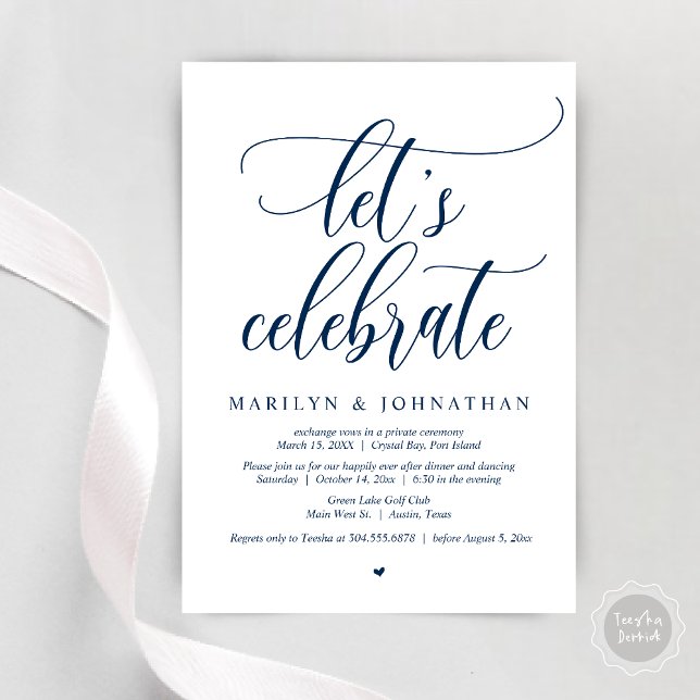 Invitación Celebremos la cena de Bodas Elopement Dancing (Let's Celebrate Wedding Elopement Dinner Party Lunch BrunchDancing Invitation Card PDF, Navy Blue)