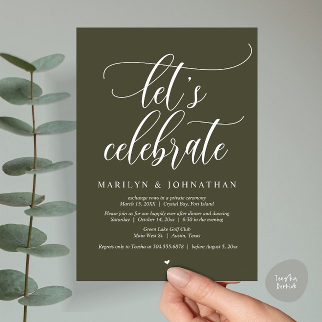 Invitación Celebremos la cena de Bodas Elopement Dancing (Let's Celebrate Wedding Elopement Dinner Party Lunch BrunchDancing Invitation Card PDF, Olive Green)