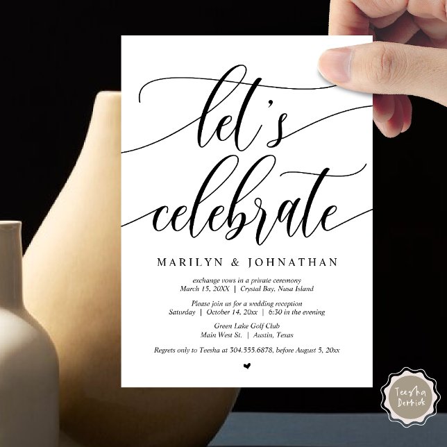 Invitación Celebremos la fiesta de bodas íntima (Let's Celebrate Wedding Elopement Dinner Lunch Brunch Party Invitation Card, PDF, Black White)