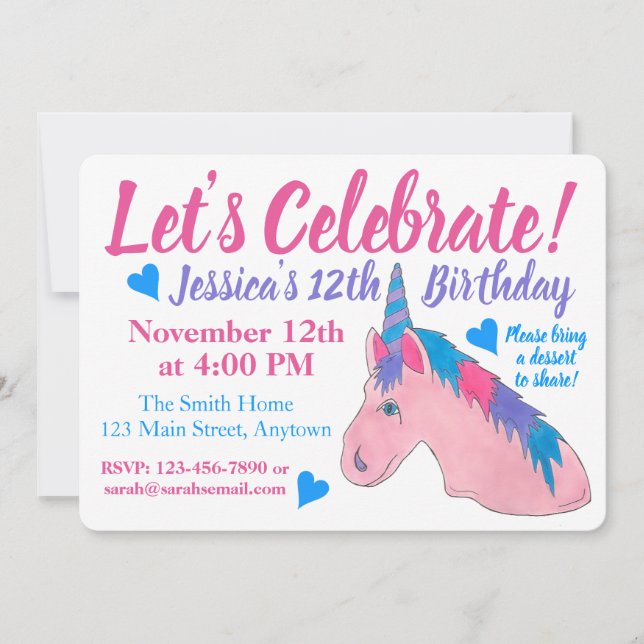 Invitación Celebremos la fiesta de cumpleaños de Unicornio Pú (Anverso)
