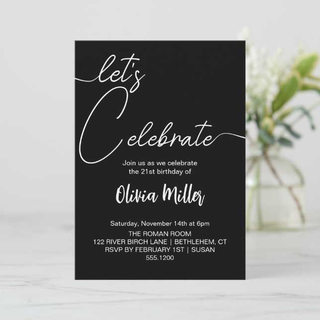 Invitación Celebremos la fiesta de cumpleaños negro (Anverso de pie)