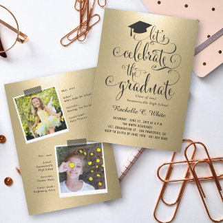 Invitación Celebremos la fiesta de graduación de color dorado