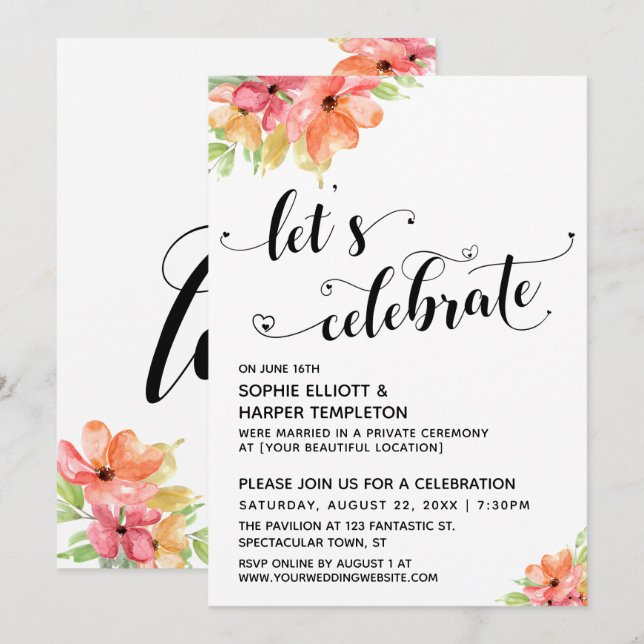 Invitación Celebremos la recepción de Hearts Script Florals (Anverso / Reverso)
