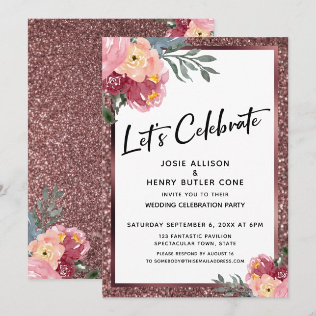 Invitación Celebremos la recepción floral Rosa Purpurina de o (Anverso / Reverso)