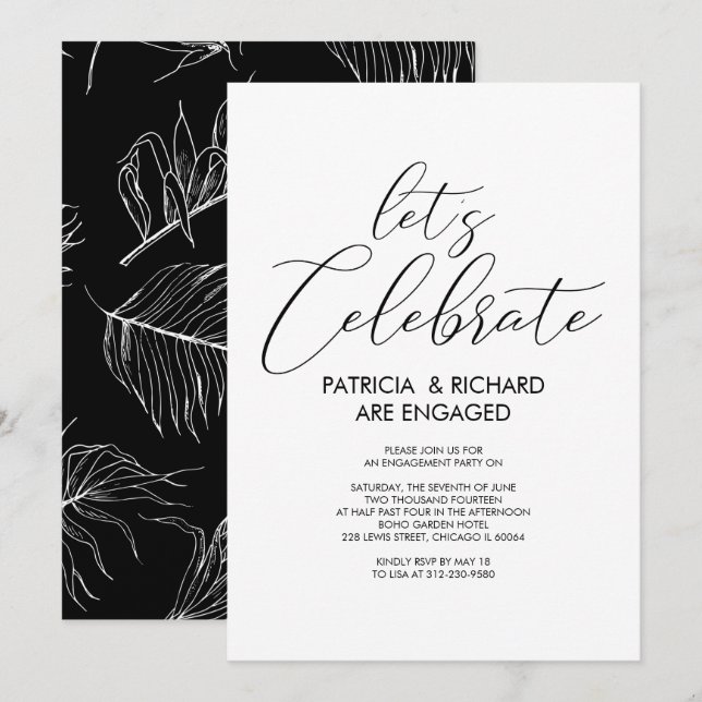 Invitación Celebremos la simple fiesta de compromiso con la M (Anverso / Reverso)
