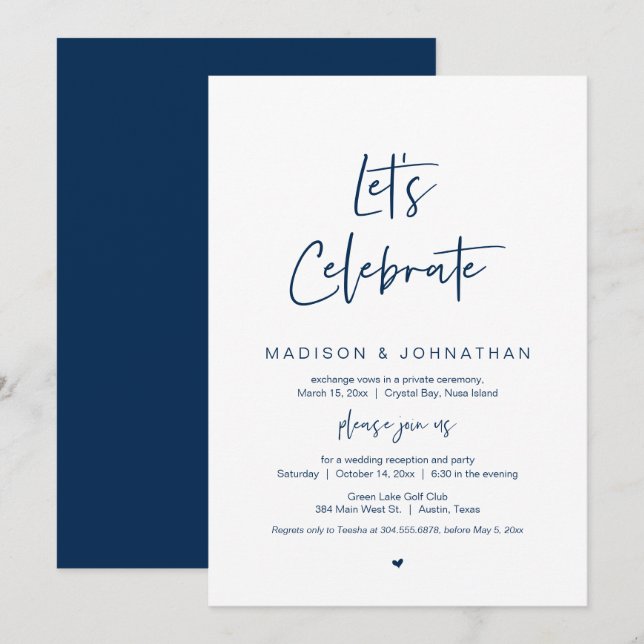 Invitación Celebremos, Navy Blue, Fiesta de Elopement Boda (Anverso / Reverso)