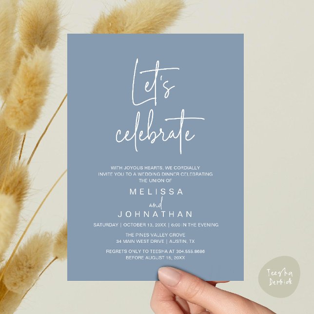 Invitación Celebremos, Recepción de Boda Intima (Let's Celebrate, Modern Minimal Wedding Elopement Reception Dinner Invites Card in Dusty Blue)
