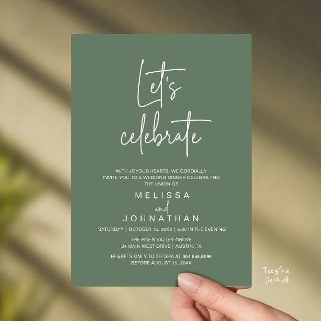 Invitación Celebremos, Recepción de Boda Intima (Let's Celebrate, Modern Minimal Wedding Elopement Reception Dinner Invites Card in Sage Green)
