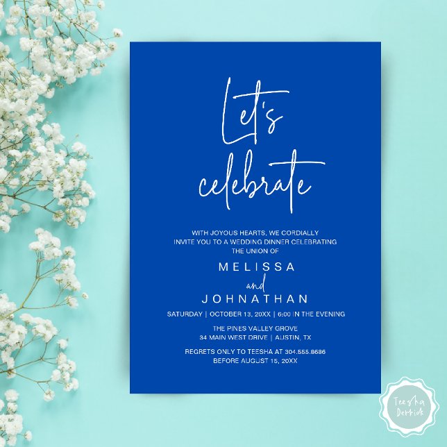 Invitación Celebremos, Recepción de Boda Intima (Let's Celebrate, Modern Minimal Wedding Elopement Reception Dinner Invites Card in Cobalt Blue)