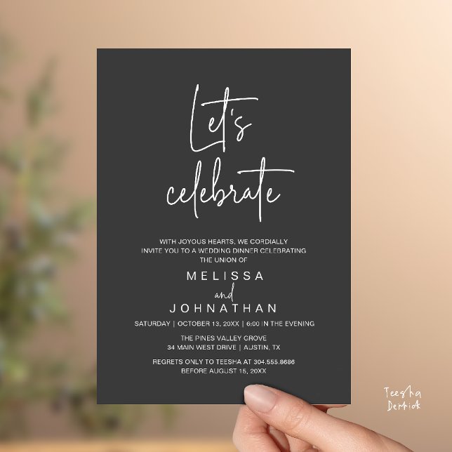 Invitación Celebremos, Recepción de Boda Intima (Let's Celebrate, Modern Minimal Wedding Elopement Reception Dinner Invites Card in Charcoal Grey)