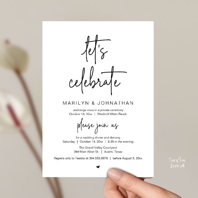 Invitación Celebremos, Recepción de Boda Minimalista Moderna (Let's Celebrate, Modern Minimal Wedding Reception dinner dancing Invitation card black and white)