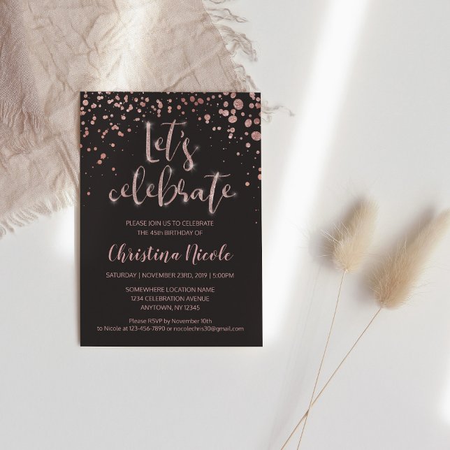 Invitación "Celebremos" Rosa de oro y Purpurina gris de moda (Subido por el creador)