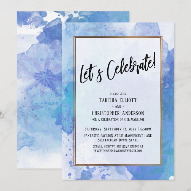 Invitación Celebremos Salpicadura Azul Abstracta Borde Dorado (Anverso / Reverso)