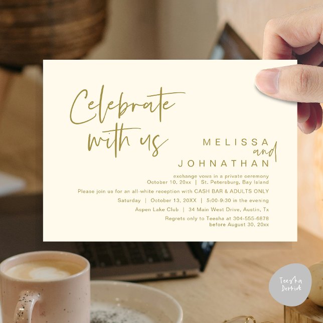 Invitación Celebren con nosotros, Barra Libre en la Recepción (Celebrate with us, Wedding Reception Dinner Cash Bar Adults Only Invitation Card PDF in Yellow Gold)
