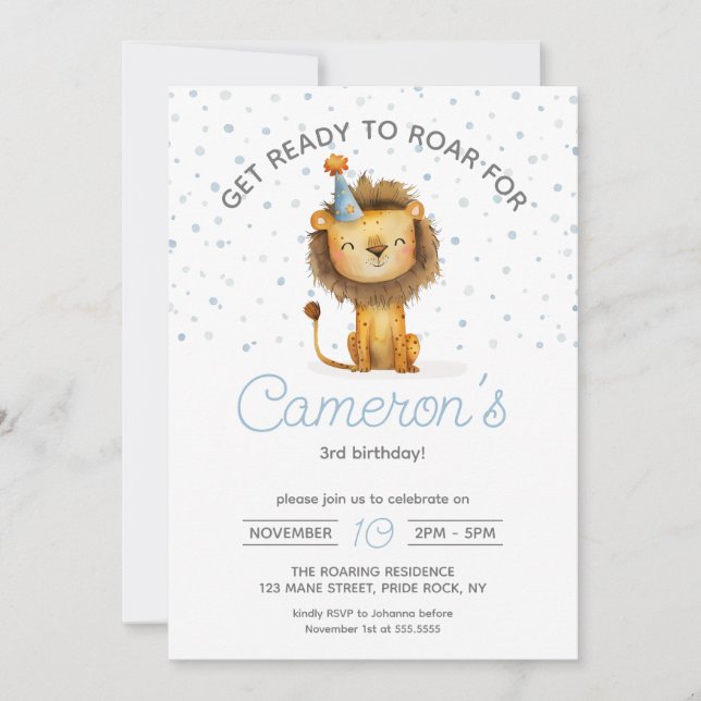 Invitación ¡Celebren con un rugido! Cumpleaños del león del n (Anverso)