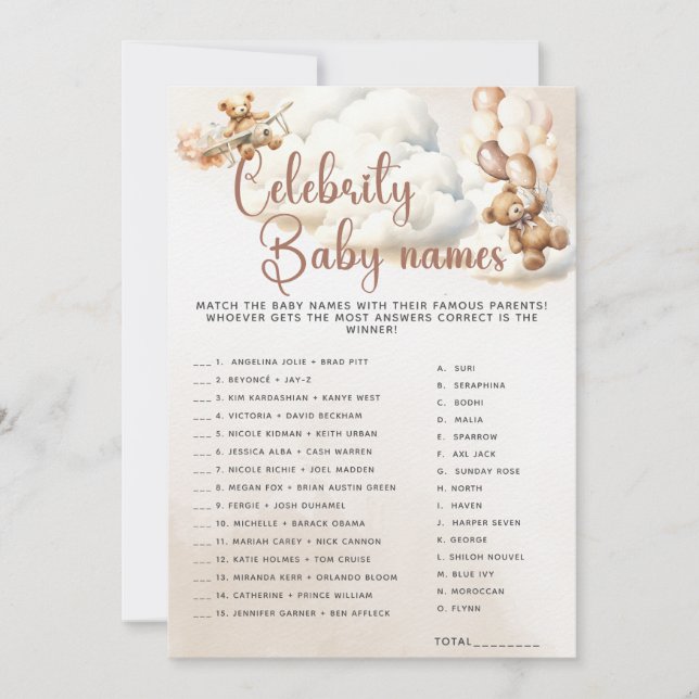 Invitación CELEBRITY NOMBRES DE BEBÉ NOMBRES Baby Shower Jueg (Anverso)