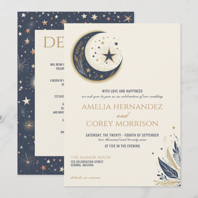 Invitación Celeste azul y oro con Boda de detalles (Anverso / Reverso)