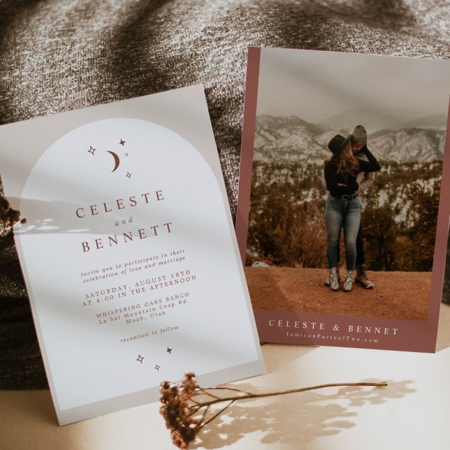 Invitación CELESTE Boho Moon & Stars Terracotta Arch Boda (Subido por el creador)