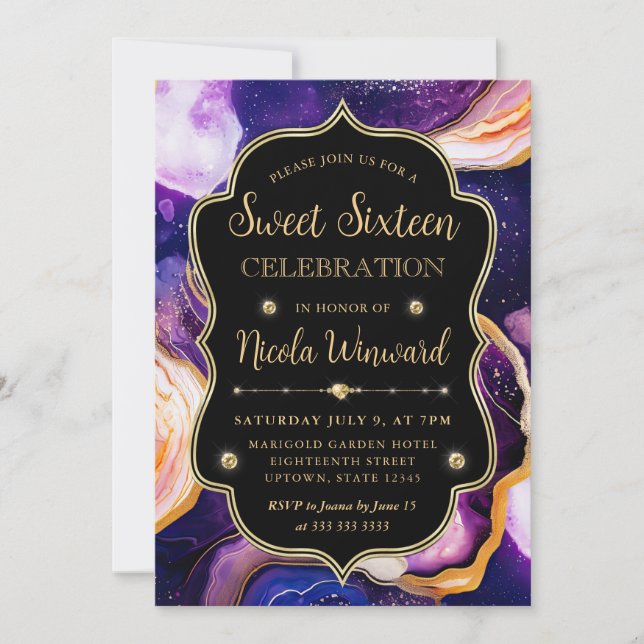 Invitación Celestial Agate | Purple Gold Marble Sweet 16 (Anverso)