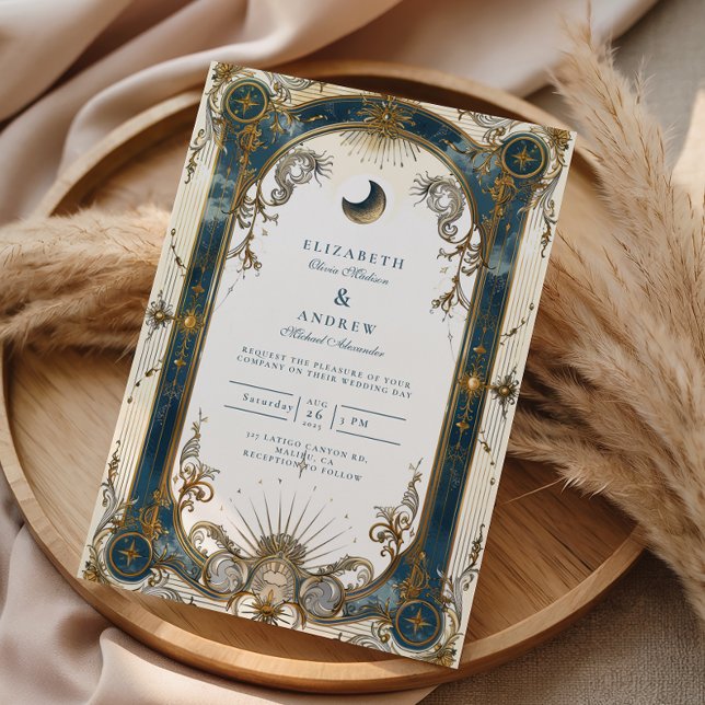 Invitación Celestial Art Nouveau Blue Gold Wedding (Subido por el creador)