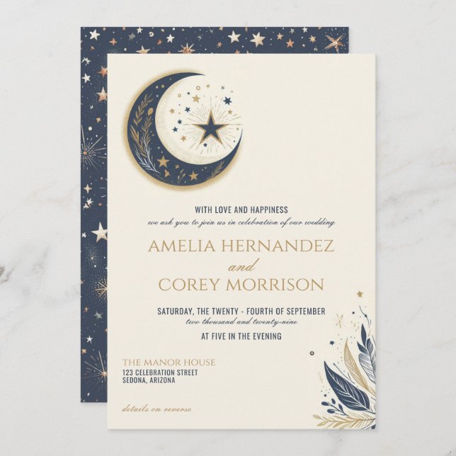 Invitación Celestial azul y dorado con Boda de código QR (Anverso / Reverso)