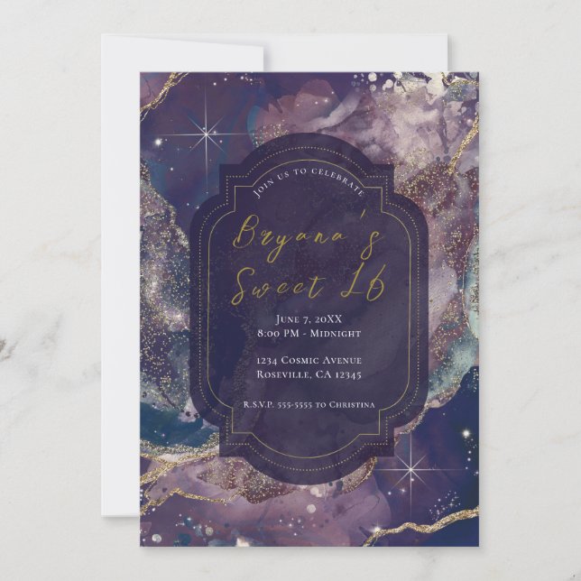 Invitación Celestial Berry Blue Watercolor Gold Dulces 16 (Anverso)