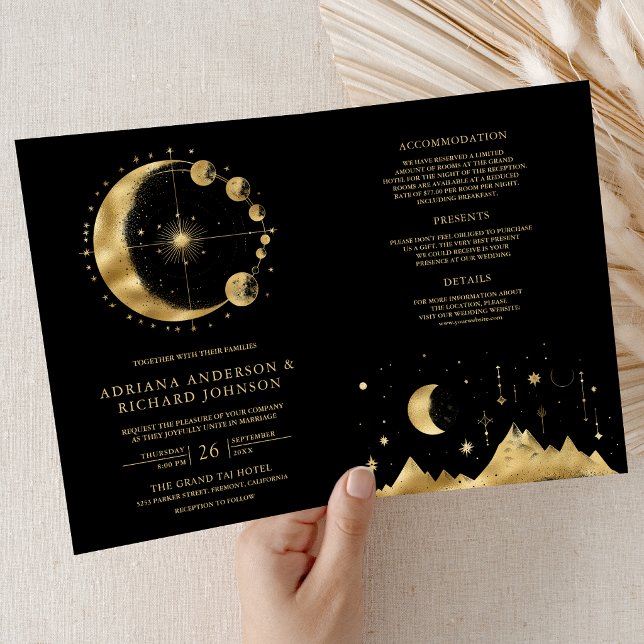 Invitación Celestial Black Gold Crescent Moon Phases Wedding (Subido por el creador)