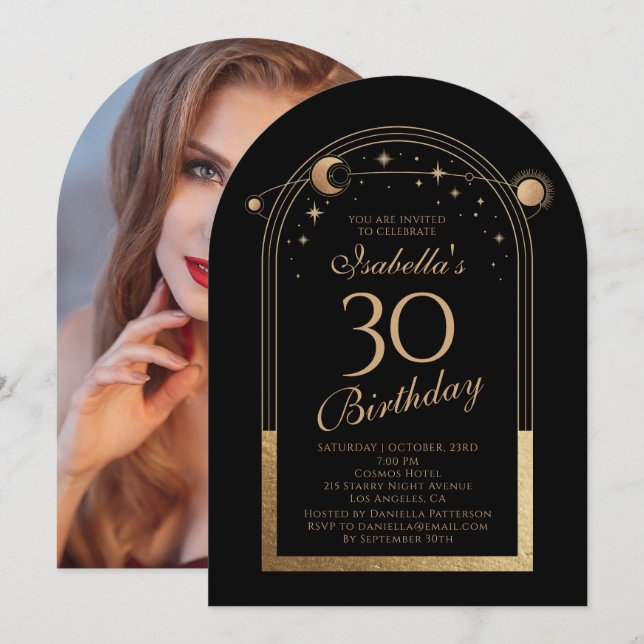 Invitación Celestial Black Gold Sun Moon Stars 30 cumpleaños (Anverso / Reverso)