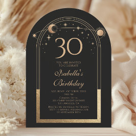 Invitación Celestial Black Gold Sun Moon Stars 30 cumpleaños