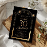 Invitación Celestial Black Gold Sun Moon Stars 30 cumpleaños<br><div class="desc">Celestial Black Gold Sun Moon Astronomy 30th Birthday Invitation presenta un elegante sol dorado, luna y estrellas con un marco dorado sobre un fondo negro. Adentro está tu personalizado la información de la invitación por trigésimo cumpleaños. Personalice editando el texto en los cuadros de texto. Diseñado por Evco Studio www.zazzle.com/store/evcostudio...</div>