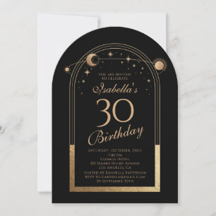 Invitación Celestial Black Gold Sun Moon Stars 30 cumpleaños