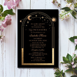 Invitación Celestial Black Gold Sun Moon Stars Quinceañera