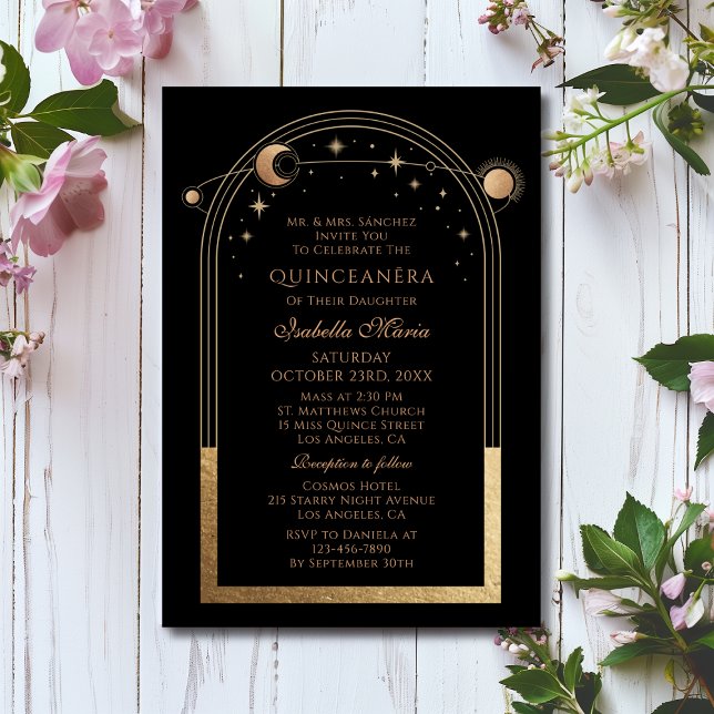 Invitación Celestial Black Gold Sun Moon Stars Quinceañera (Subido por el creador)