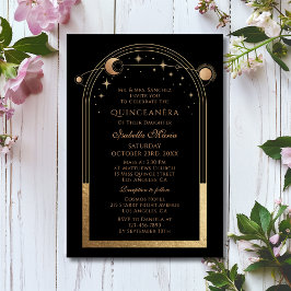 Invitación Celestial Black Gold Sun Moon Stars Quinceañera