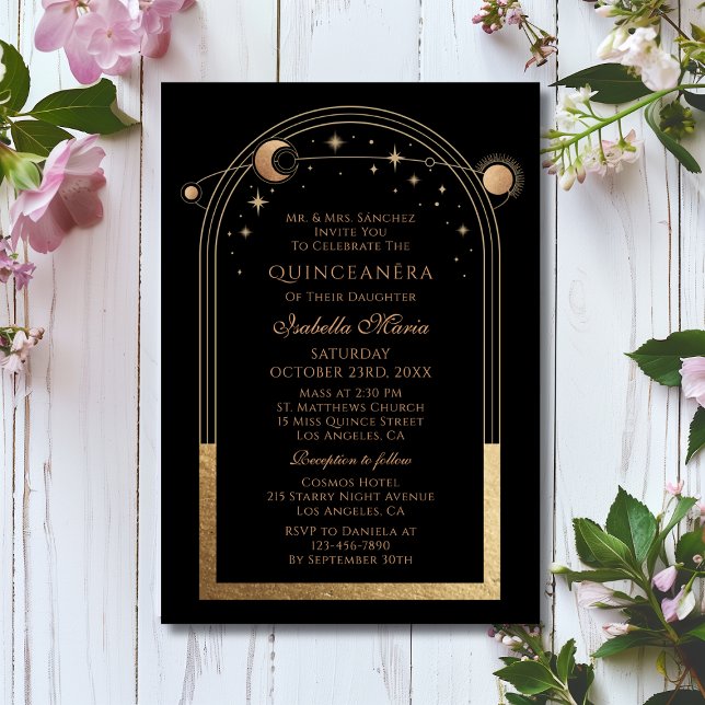 Invitación Celestial Black Gold Sun Moon Stars Quinceañera (Subido por el creador)