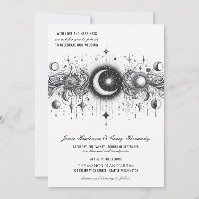 Invitación Celestial blanco y negro con Boda de código QR (Anverso)