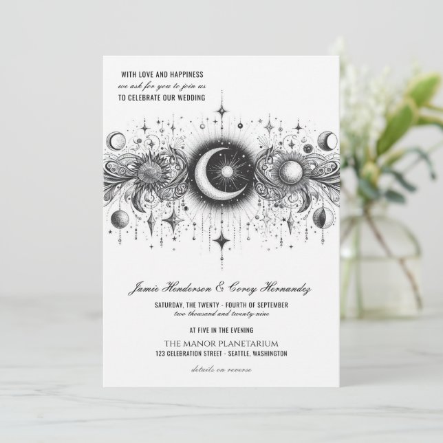 Invitación Celestial blanco y negro con Boda de detalles (Anverso de pie)