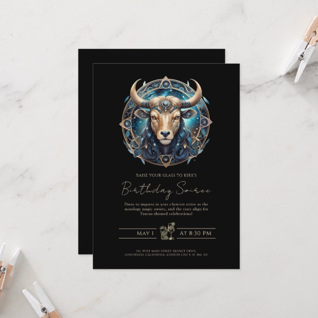 Invitación Celestial Bull Zodiac Symbol Black Gold Taurus (Anverso/Reverso In Situ)