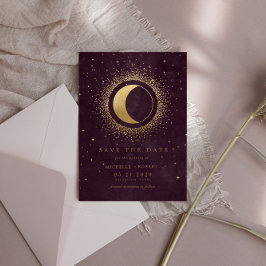 Invitación Celestial Burgundy Gold Moon Salva La Fecha